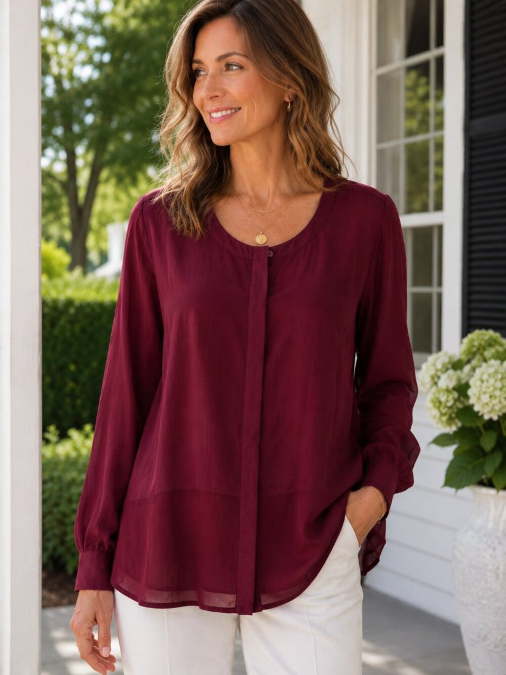 Soft Surroundings Silk Blend Burgundy Blouse Boho Luxe Top L